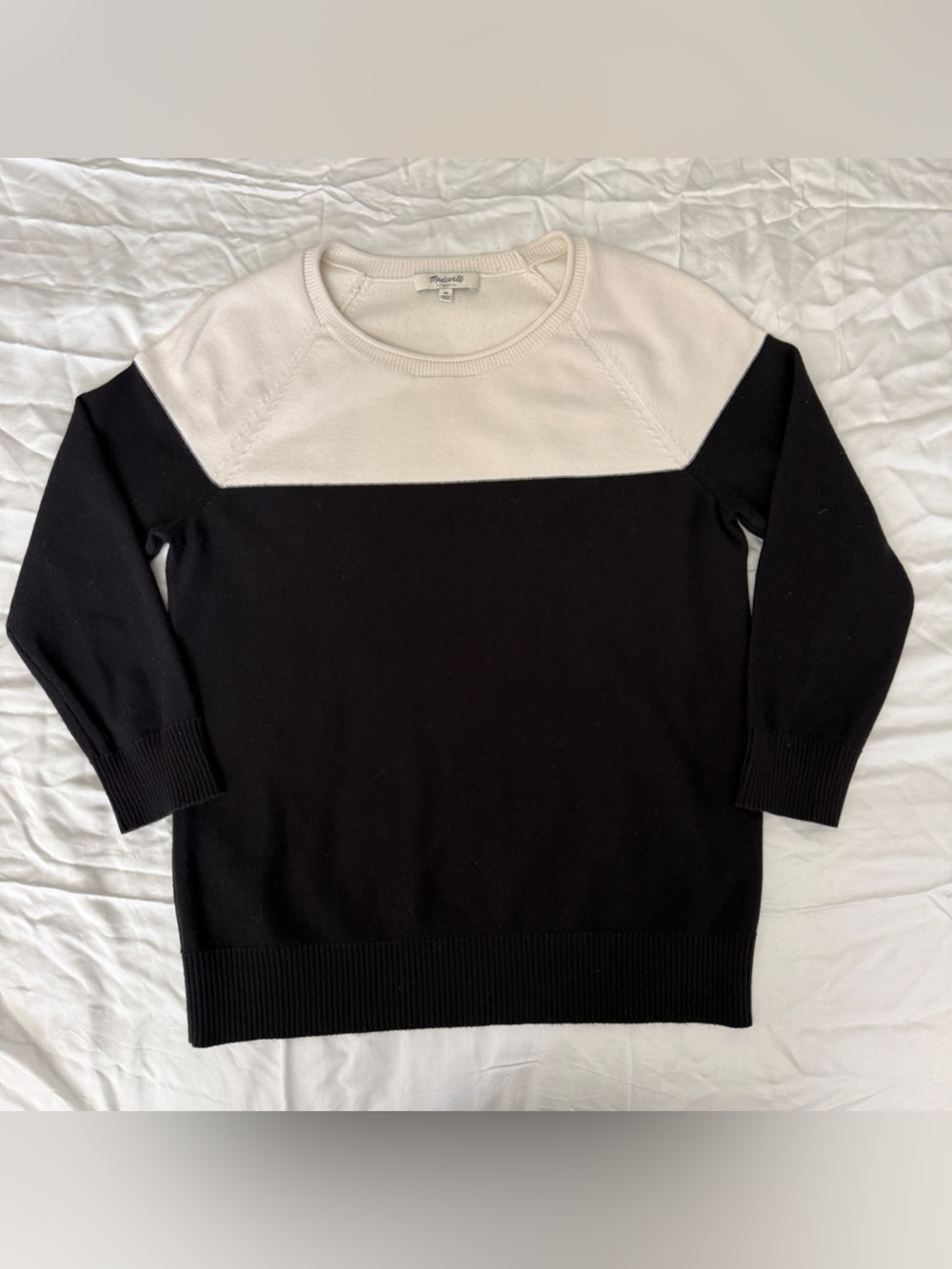 Madewell Black and White Colorblock Crewneck 3/4 Sleeve Sweater